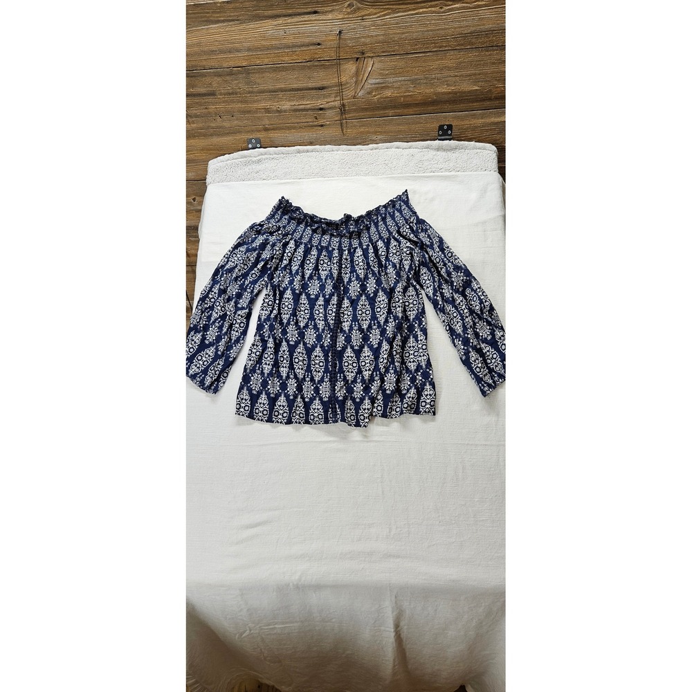 Society Girl Womens Navy Blue White Damask Smocked Off Shoulder Blouse Size M